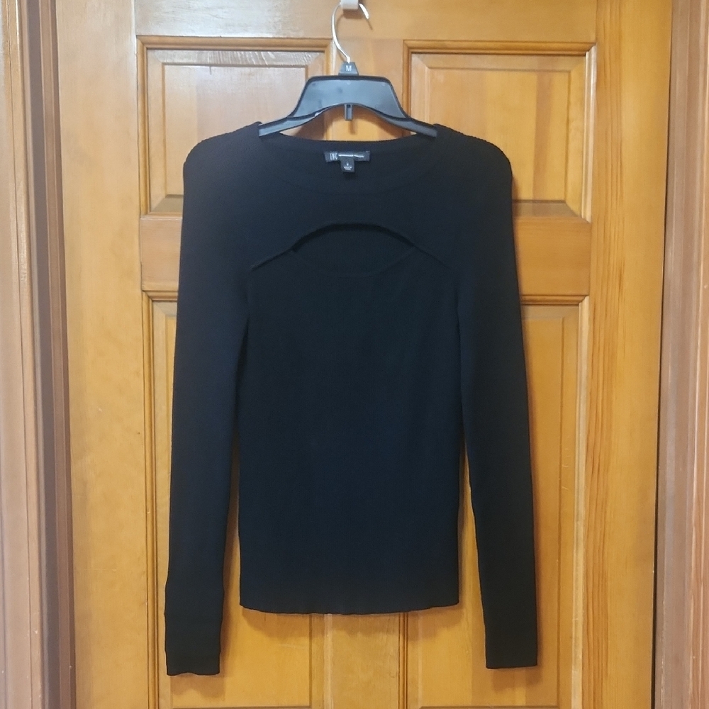 INC Macy's Black Ribbed Top, Women's Size Small, Front Cut Out, GUC
